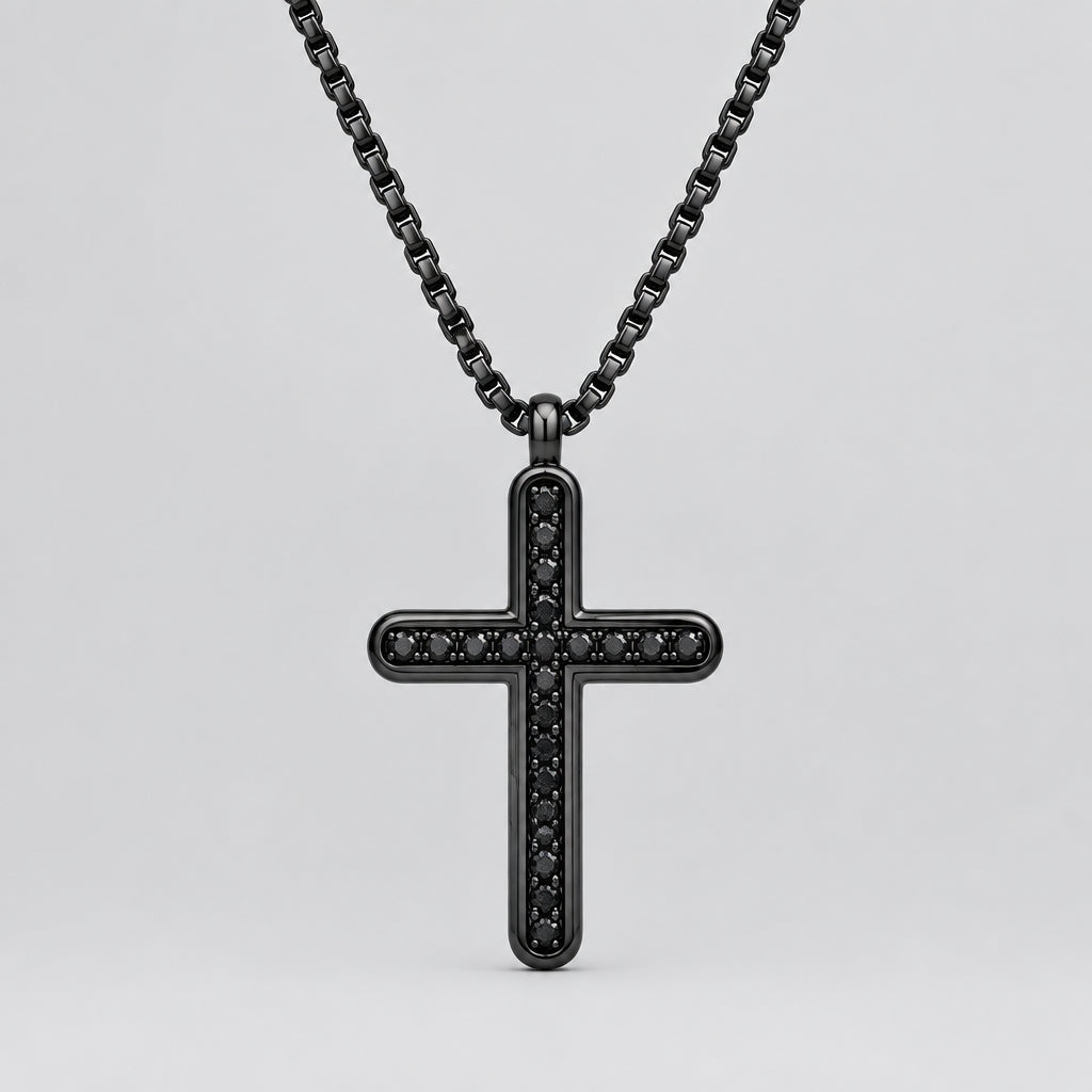 Men’s Black Stainless Steel Cross Pendant. Biker Necklace with Black CZ Accents