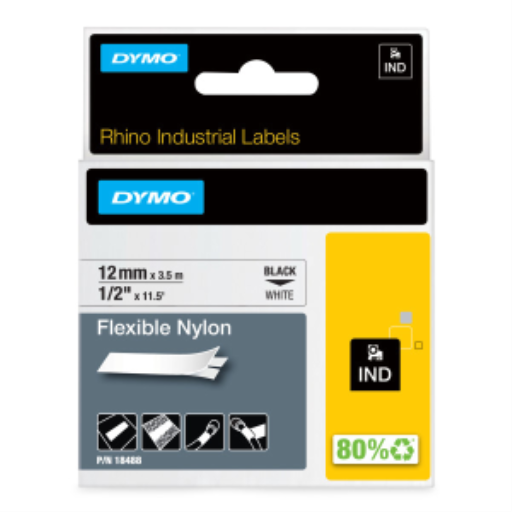 Étiquettes en nylon souple industriel DYMO Rhino, étiquettes DYMO authentiques, pour l'identification de fils, câbles et plus (12 mm, noir sur blanc)