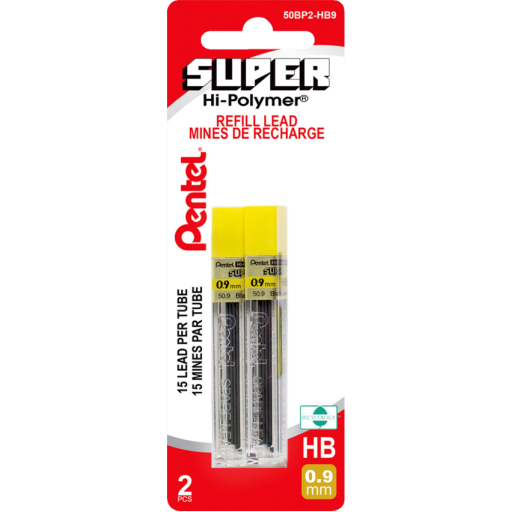 Recharge de mines polymères (0,9 mm), HB, 15 mines par tube, paquet de 2