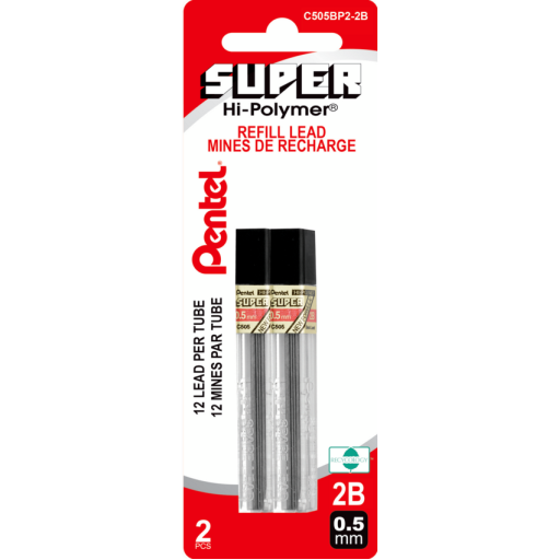Recharge de mines Super Hi-Polymer (0,5 mm), 2B, 12 mines par tube, paquet de 2