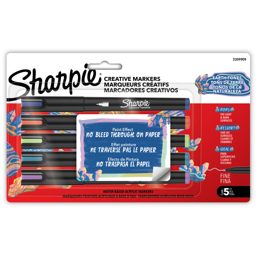 Sharpie Creative Markers, Earth Tones, Water-Based Acrylic Paint Markers, Fine Tip, 5 Count