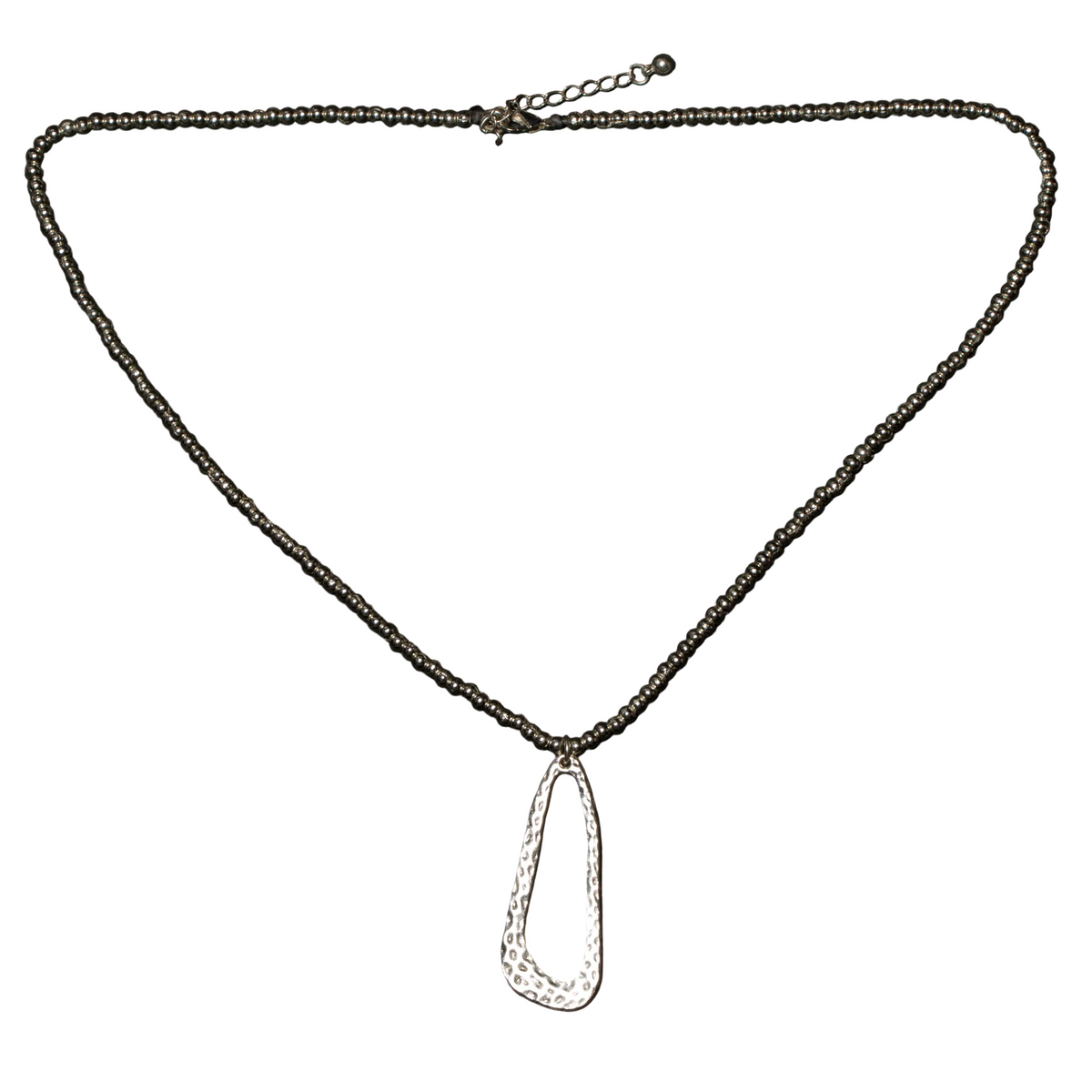 Hammered Oval Pendant On Ball Chain - Silver Plate