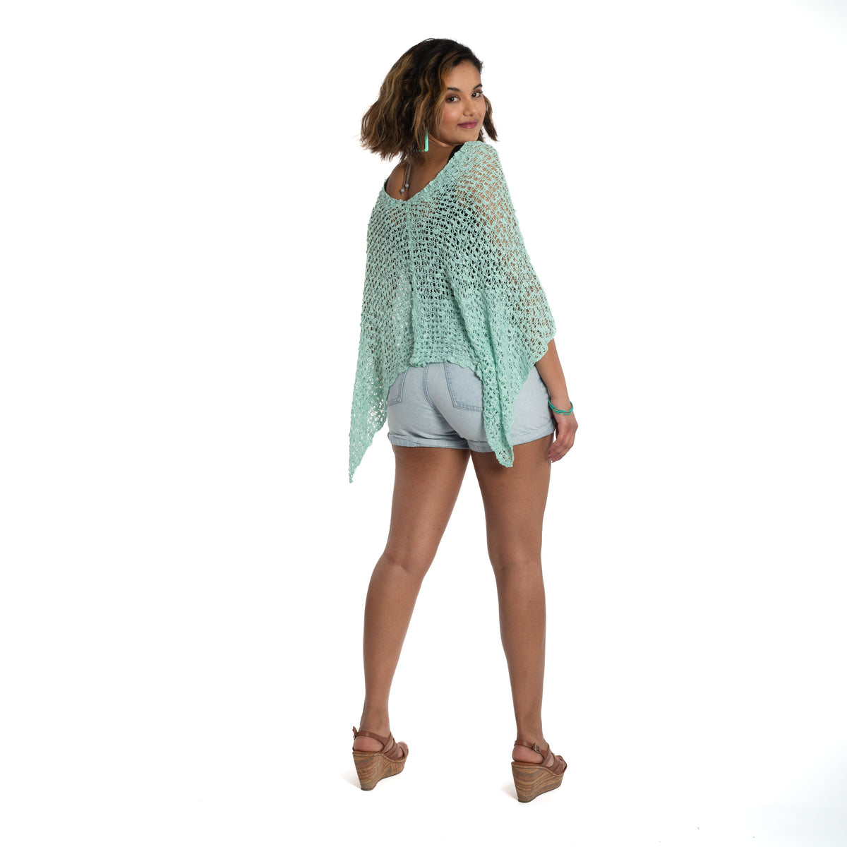 Short Popcorn Knit Poncho - Mint