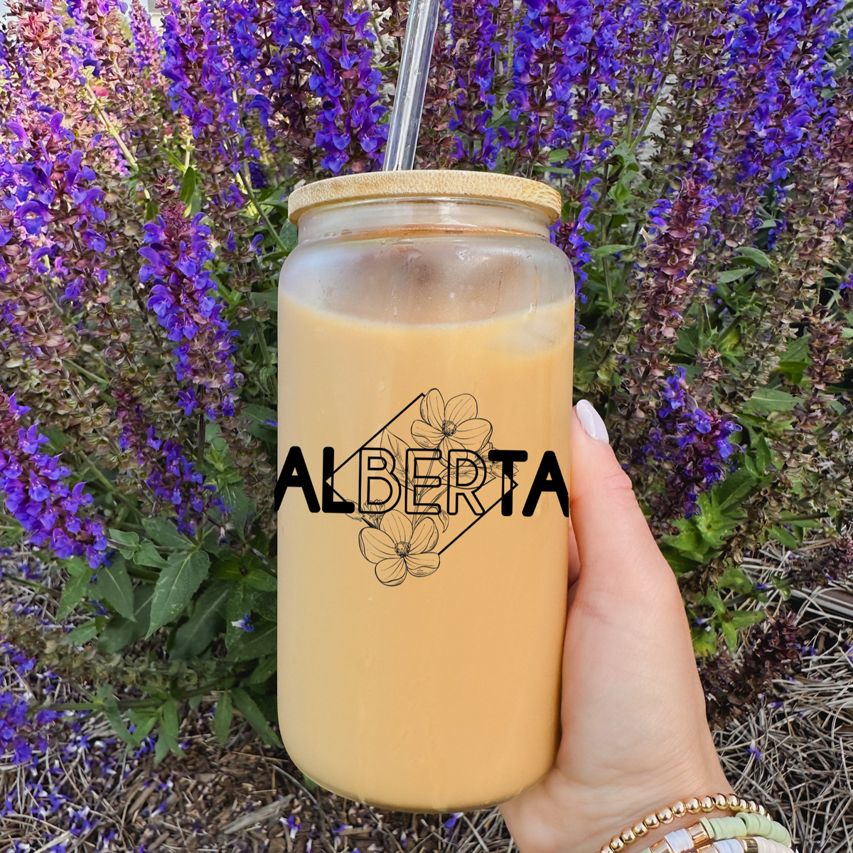 Gobelet en verre Alberta Diamond Line Art avec couvercle en bambou | Tasse à boire