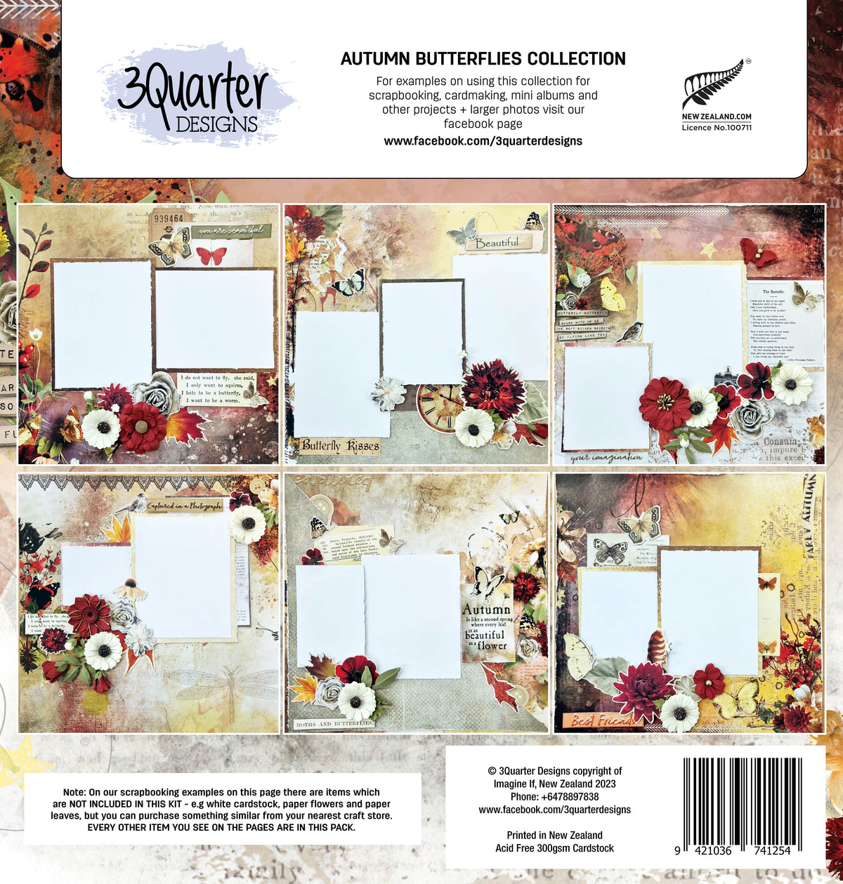 3Quarter Designs - Bloc de papier 30,5 x 30,5 cm - Papillon d'automne