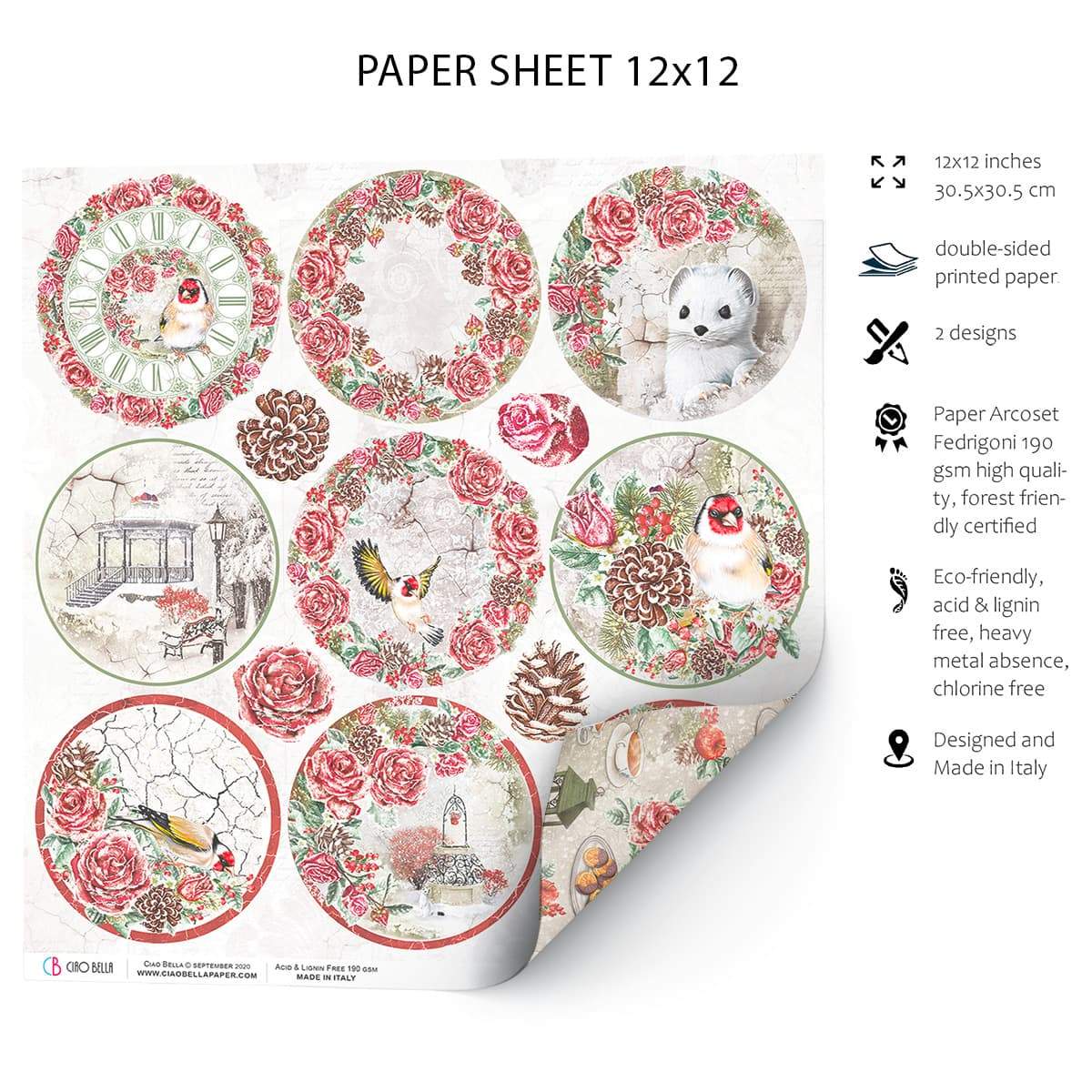 Ciao Bella Frozen Roses Medallions Feuille de papier 30,5 x 30,5 cm 1 feuille