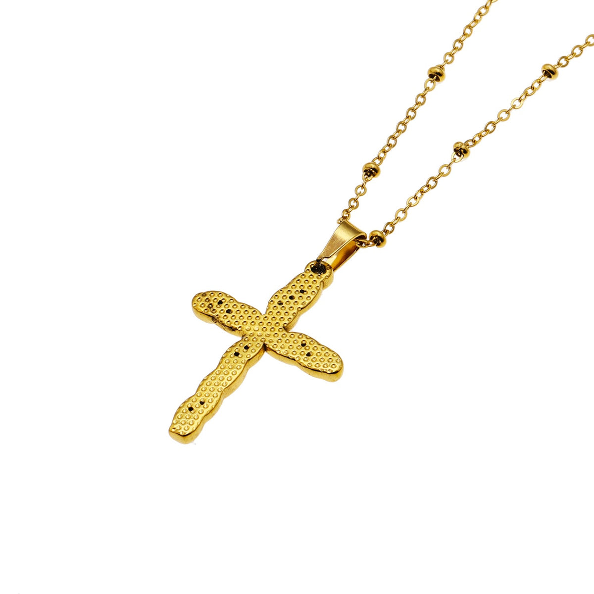 CHAMONIX Or : Collier chaîne fine perlée avec pendentif croix texturée incrustée de zircone