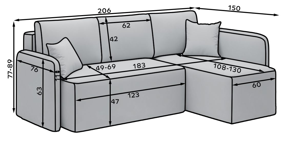 Hadson 3 Seater Storage Sleeper Chaise Sofa - Grey