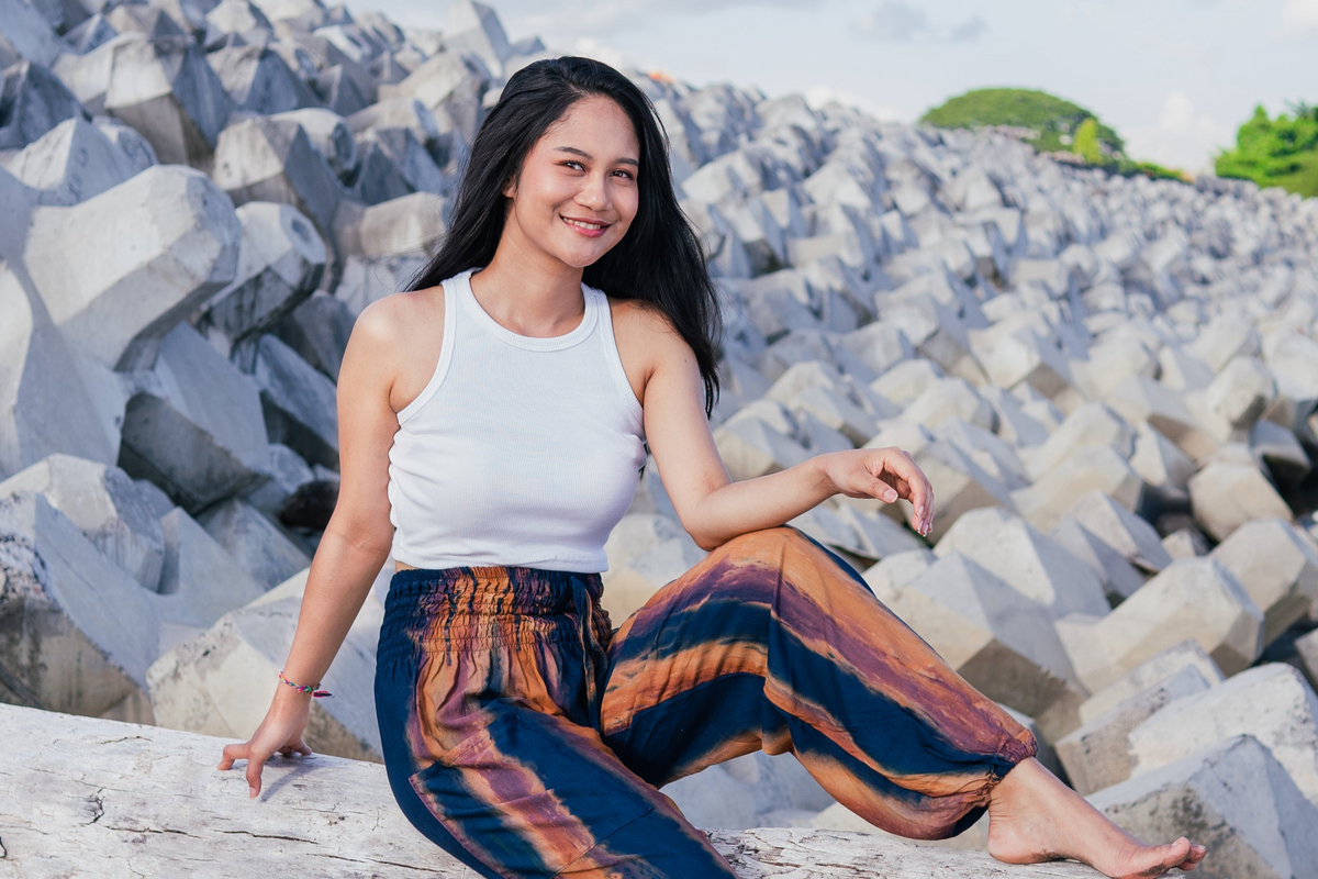 Pantalon Bali Tie-Dye Abstrait Bleu Marine et Doré