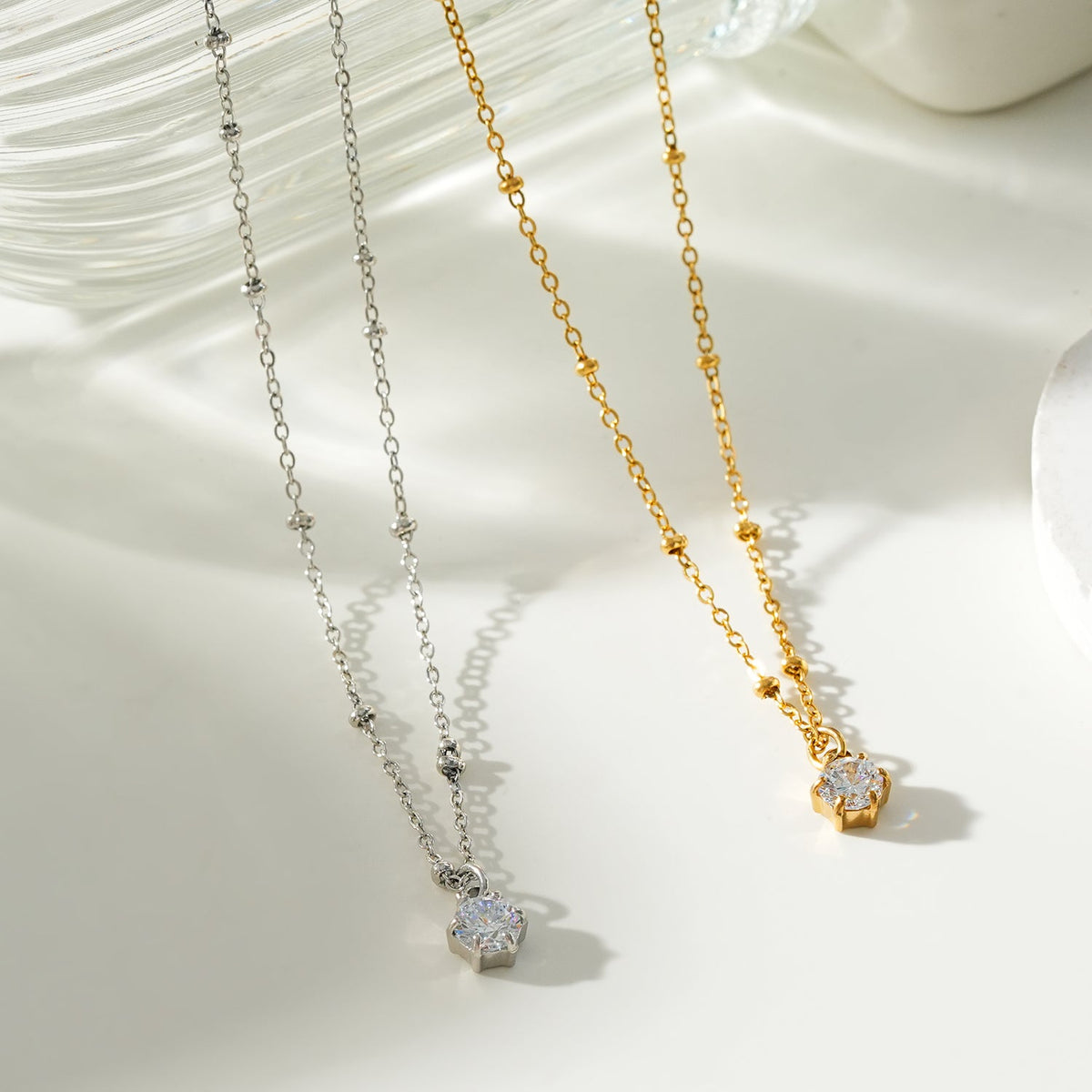 KADIRI Silver: Solitaire Zirconia Charm Pendant on a Beaded Chain Necklace