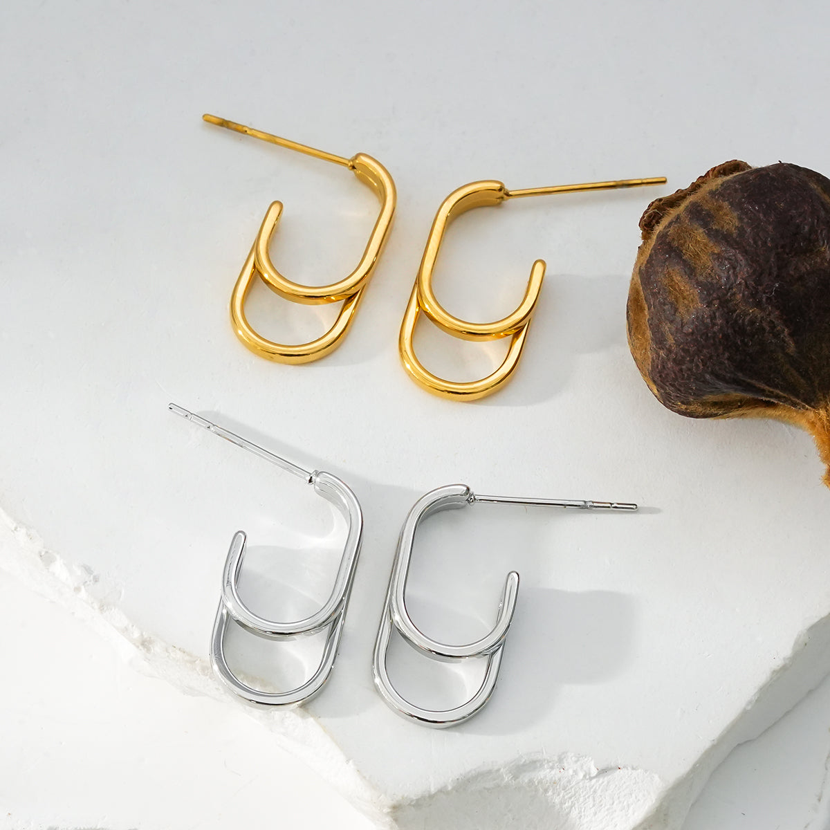 St SIMON Or Blanc (ton argent) : Boucles d'oreilles créoles doubles rectangulaires à coins arrondis