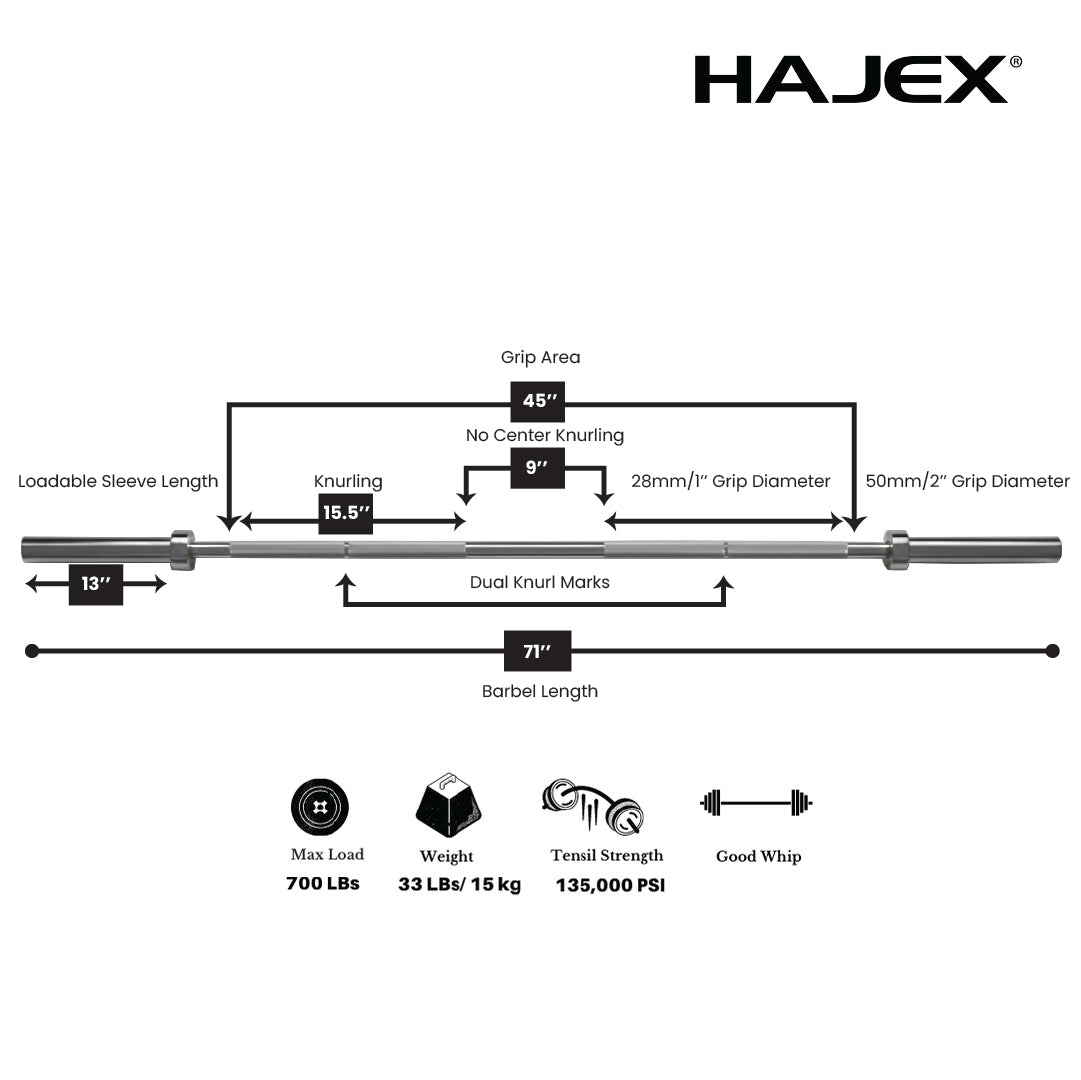 Barres d'haltères olympiques et standard HAJEX 4 pieds, 5 pieds, 6 pieds et 7 pieds