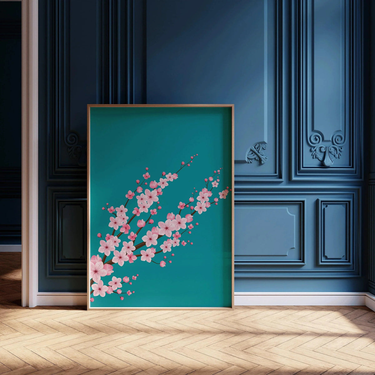 Fleurs de cerisier sur fond aigue-marine sarcelle (disponible encadré prêt à accrocher ou non encadré)
