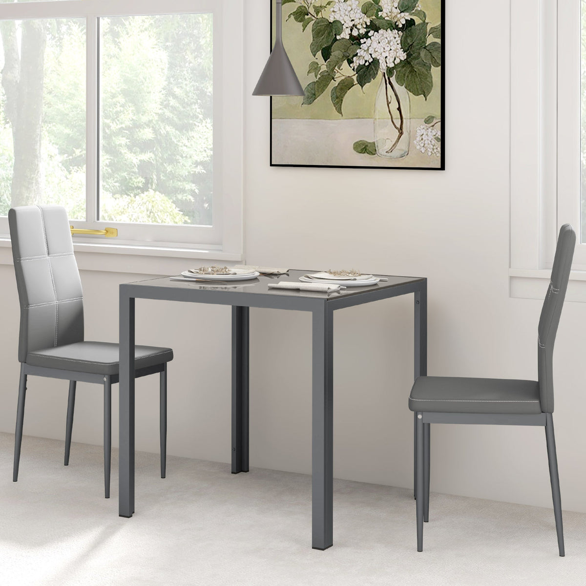 Zaya 3-Piece Rectangular Glass Dining Set for Small Spaces-Grey