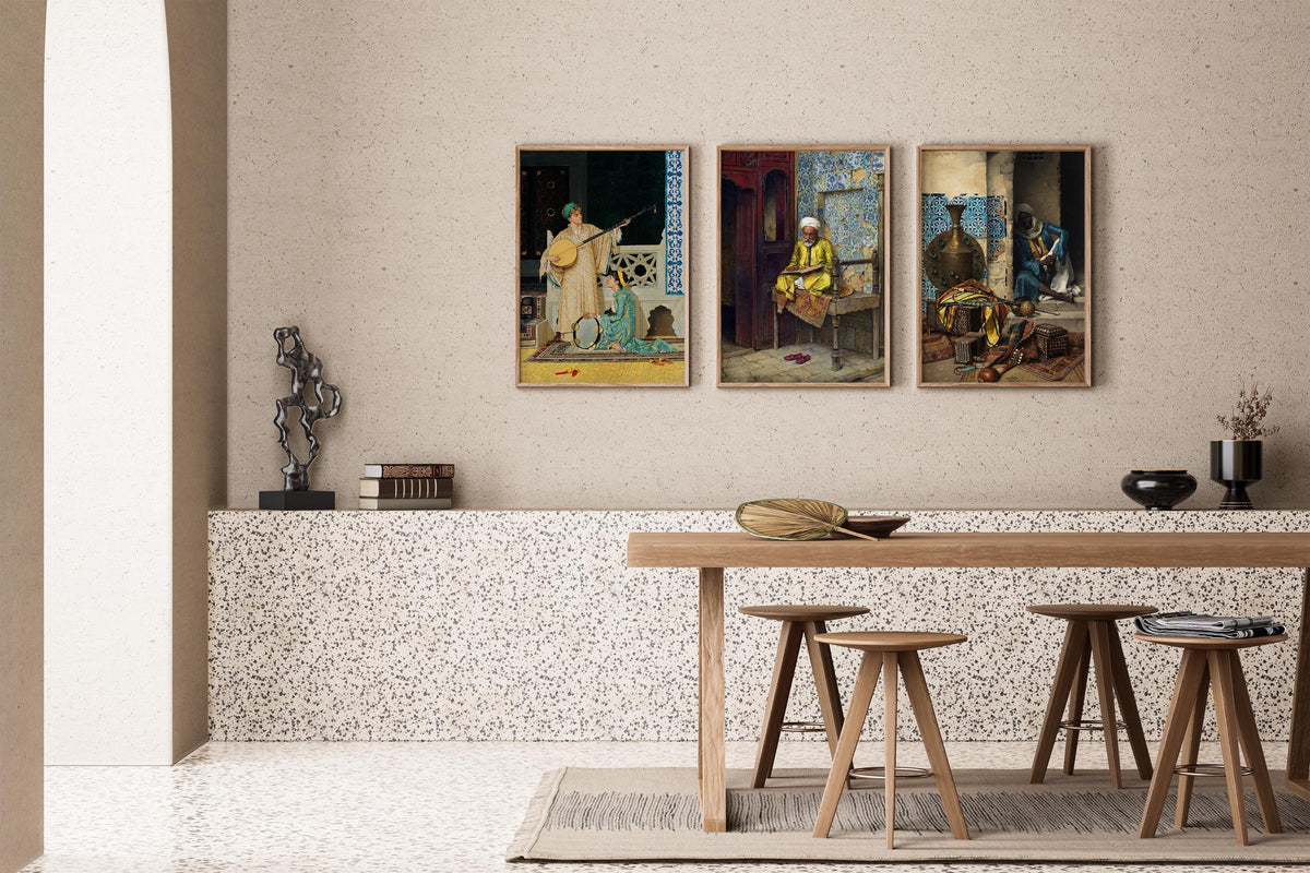 Orientalist Elegance: STATEMENT TRIO ArtFeaturing Musicians Scholars & Rich Patterns – Timeless Wall Décor Available framed