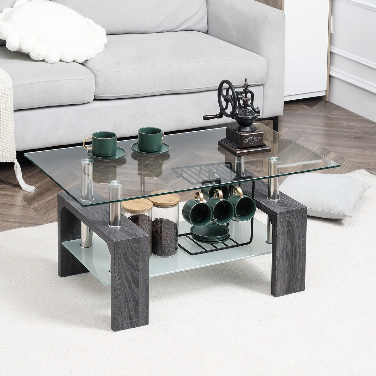 Sutton Rectangular Glass Coffee Table with Tempered Glass Top-Grey