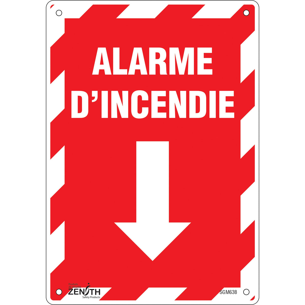 Panneau fléché "Alarme D'Incendie", 10" x 7", plastique, français avec pictogramme