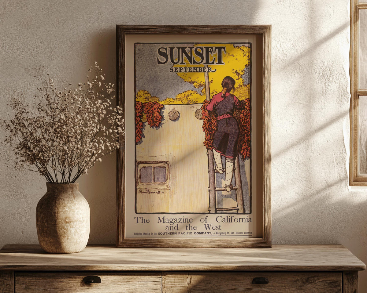 Estampe de couverture de Maynard Dixon pour le magazine Sunset : Cowboy occidental et art amérindien