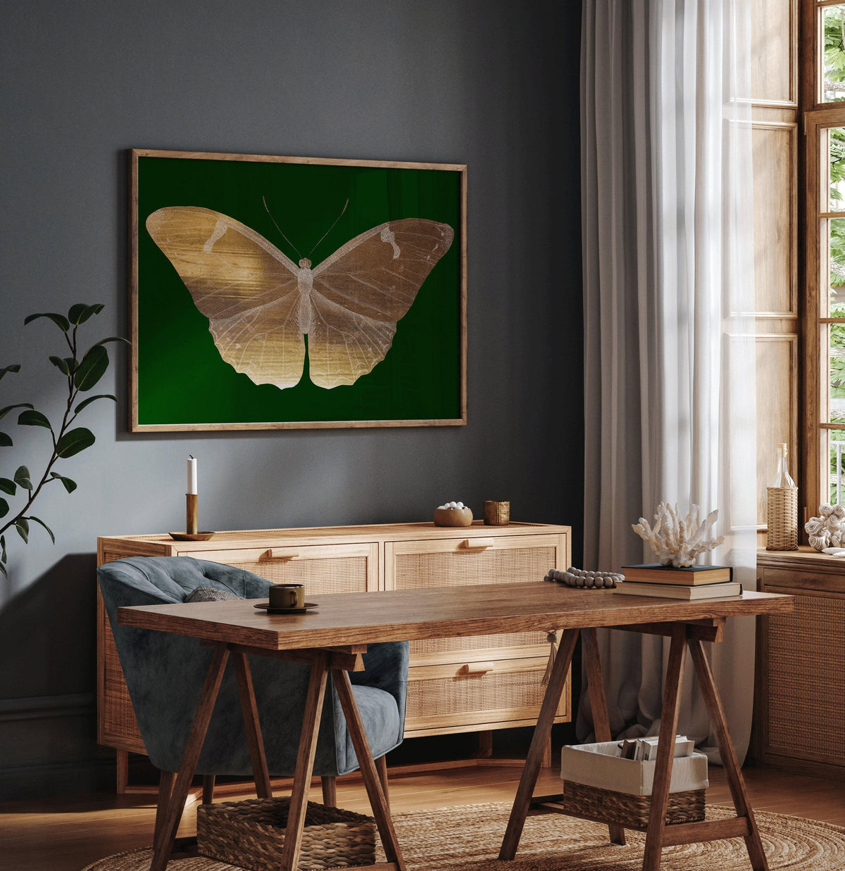 Vintage Gold Butterfly | Emerald Green Dark Academia Style Art Print (available handframed or unframed)