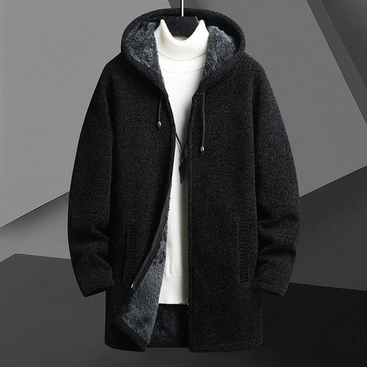 Men’s Fleece-Lined Hooded Cardigan Sweater – Mid-Length Zip-Up Winter Jacket