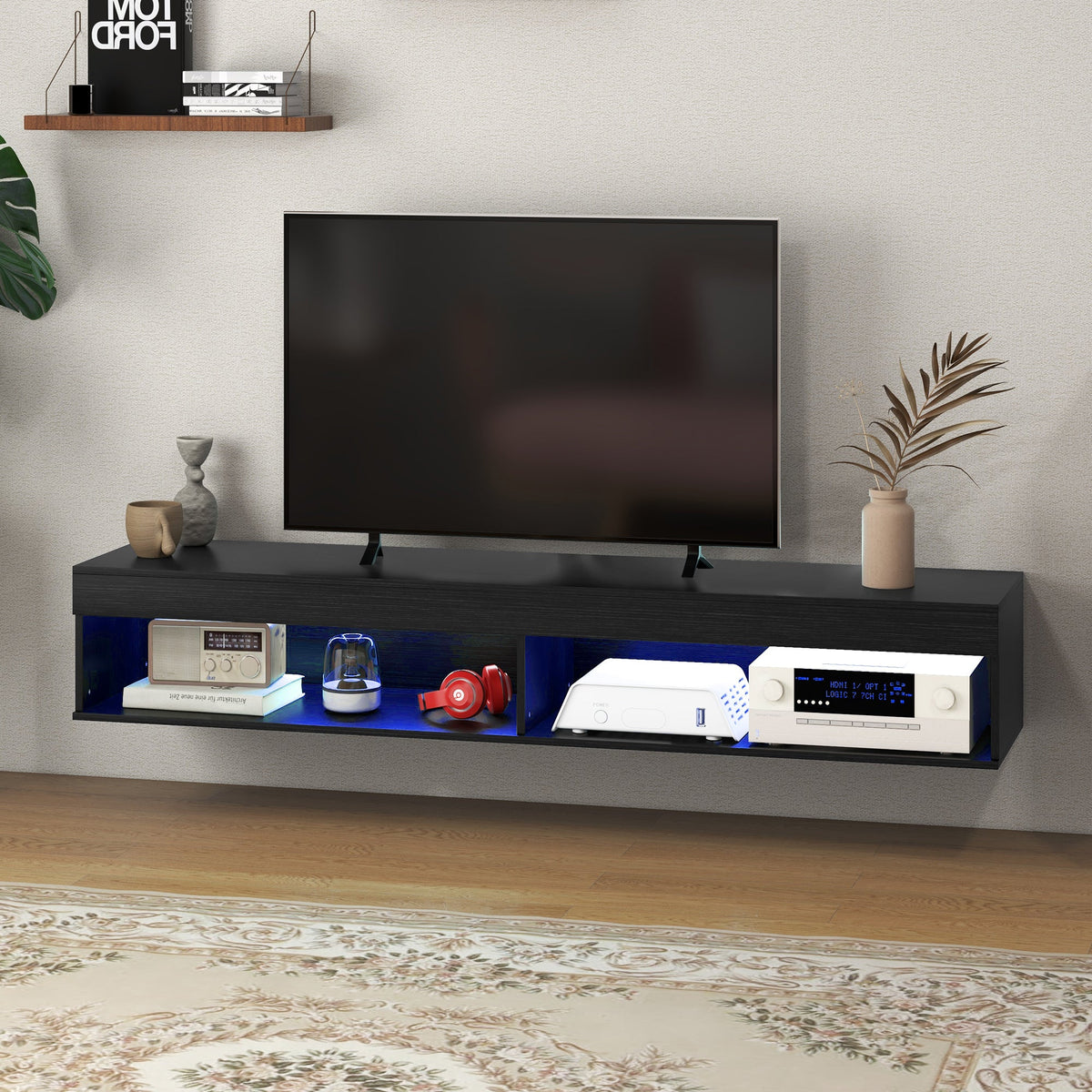 Lane Modern Wall Mounted TV Stand with Storage and LED Lights-Black