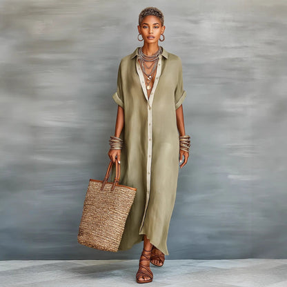 Women’s Summer Short-Sleeve Shirt Dress – Lapel Collar Button-Front Maxi Dress