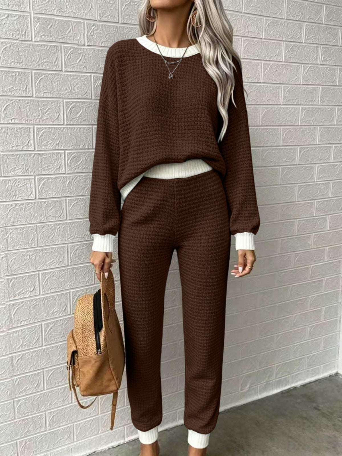 Women’s Waffle-Weave Sweatshirt & Pants Set – Casual Drawstring Crew-Neck Long-Sleeve Loungewear