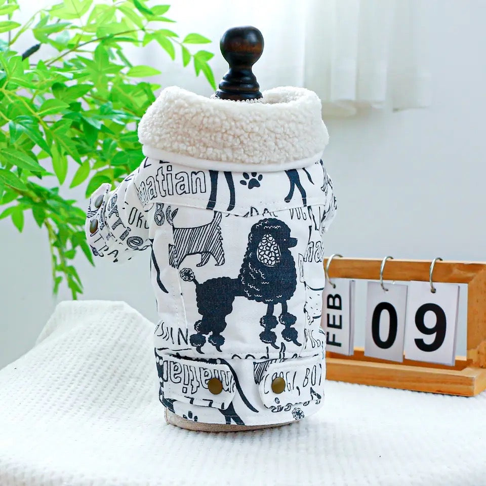 Manteau pour chien imprimé Sketch | Manteau chaud pour chien avec bordure en fourrure