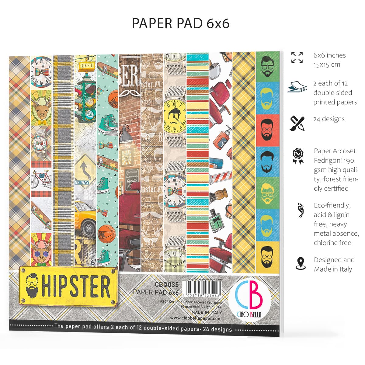 Bloc de papier Ciao Bella Hipster 15,2x15,2 cm 24 feuilles/paquet