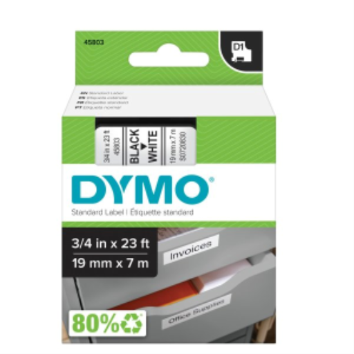 Bande d'étiquetage D1 authentique DYMO pour étiqueteuses LabelManager, impression noire sur ruban blanc, 19 mm L x 7 m L, 1 cartouche