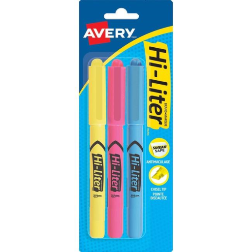 Surligneurs à carte blister Avery, paquet de 3, style stylo, pointe biseautée, couleurs fluorescentes assorties - Jaune, Rose, Bleu