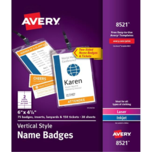 Avery Laser/Inkjet Vertical Style 6" x 4¼" Name Badge Kit (Inserts, Holders, Lanyard, x2 Tickets), 75/box