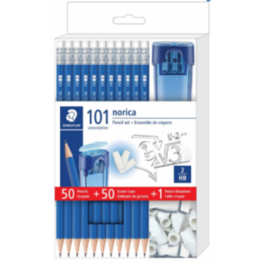 Norica Pencil Set, Premium HB #2 graphite pencils, 50 Norica pencils, 50 Eraser caps, 1 Double-hole Tub Sharpener