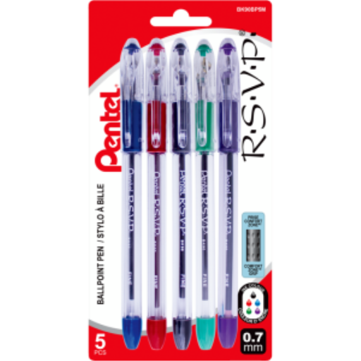 Stylo bille R.S.V.P., (0,7 mm), encre assortie (A/B/C/D/V), paquet de 5