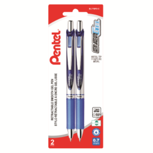 Stylo Roller Gel Rétractable EnerGel, Pointe Métallique (0,7 mm), Encre Bleue, Lot de 2