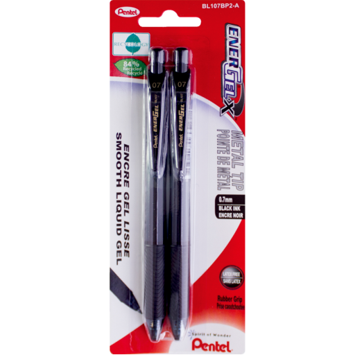 Stylo roller rétractable EnerGel-X, (0,7 mm) Pointe métallique, Encre noire, Paquet de 2
