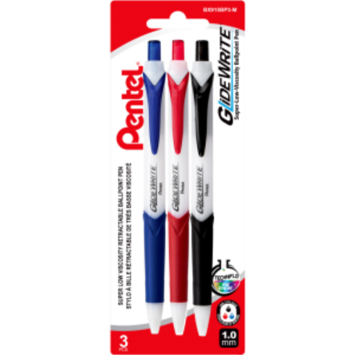 Stylo bille GlideWrite avec encre TechnIFlo, pointe large (1,0 mm), paquet de 3 couleurs assorties