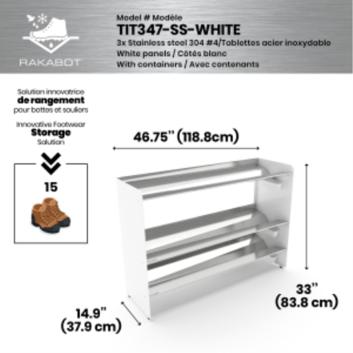 (CUSMA form attached) Commercial rustproof shoe and boot rack / 3 Tier / Shelf 46.25" stainless / Whitepanels /  Store 15 pairs / Rakabot Titan
