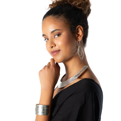 Beaten Metal Collar Necklace - Silver Colour