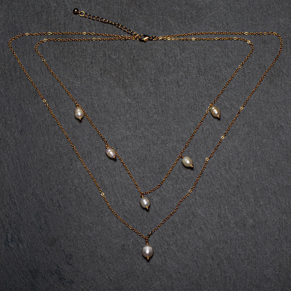 Double Strand Pearl & Chain Necklace In Gold Plate