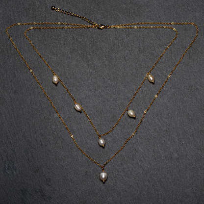 Double Strand Pearl & Chain Necklace In Gold Plate