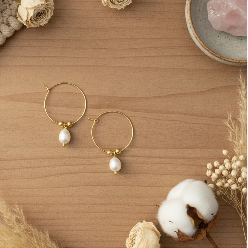 Boucle d'oreille Créole et Perle en Plaqué Or