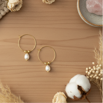 Boucle d'oreille Créole et Perle en Plaqué Or