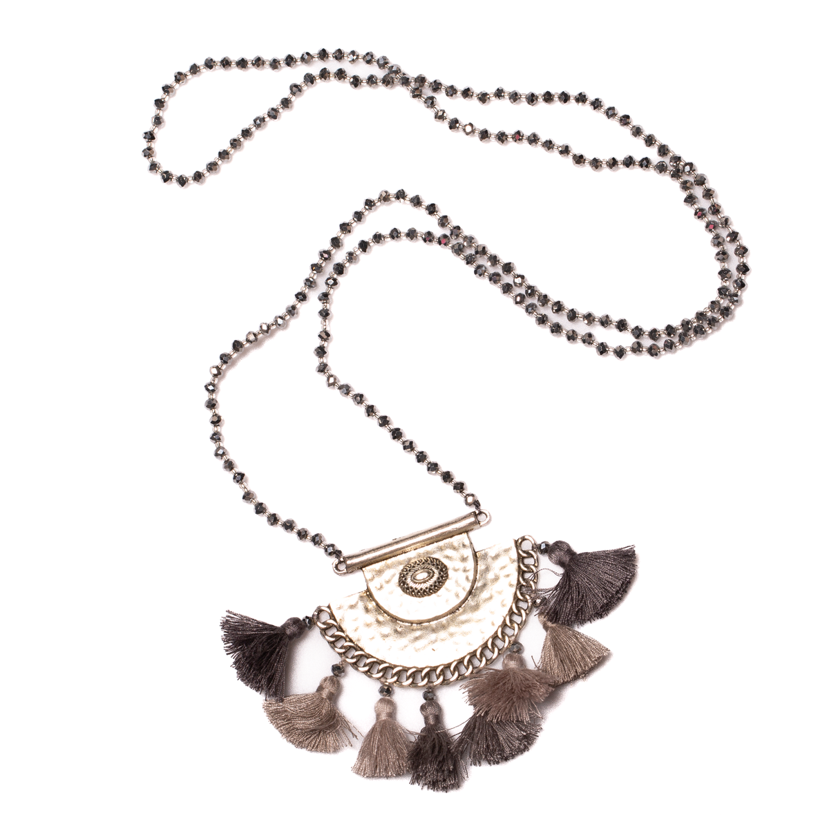 Long Crystal Necklace With Hammered Metal Pendant