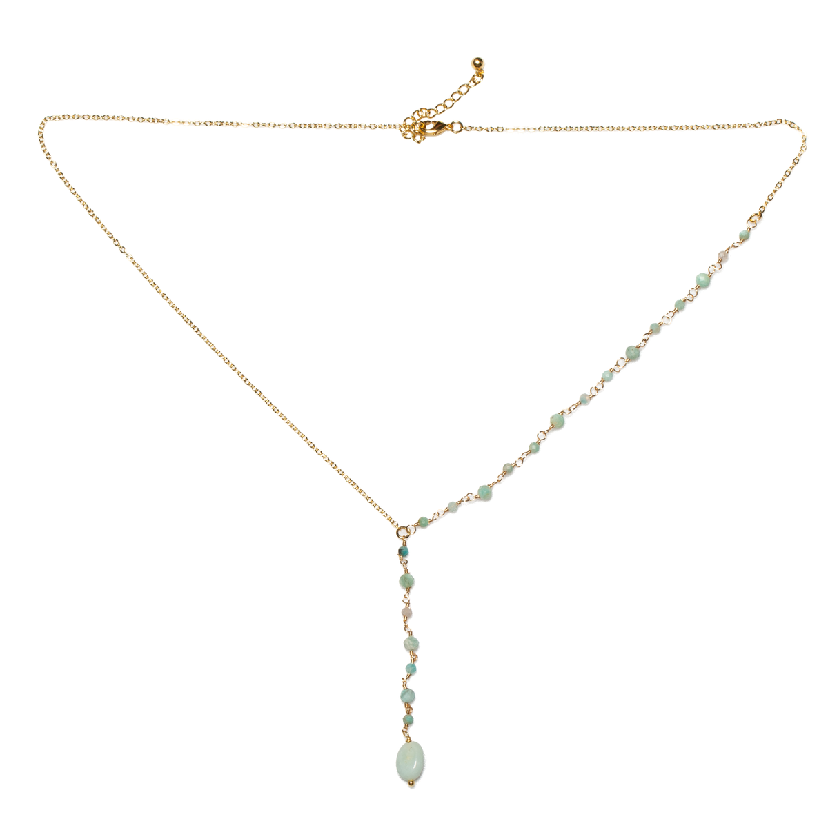 Collier pendentif délicat en amazonite et perles de verre plaqué or
