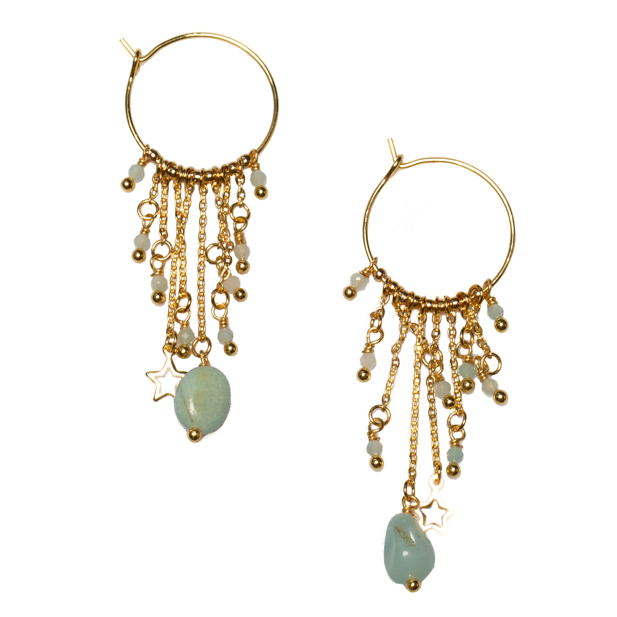 Amazonite & Glass Bead Hoop Chain Earring In Gold Plate