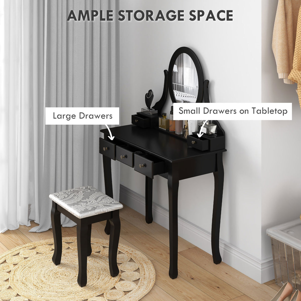 Emma Vanity Desk with Padded Stool and 360° Rotating Oval Mirror-Black
