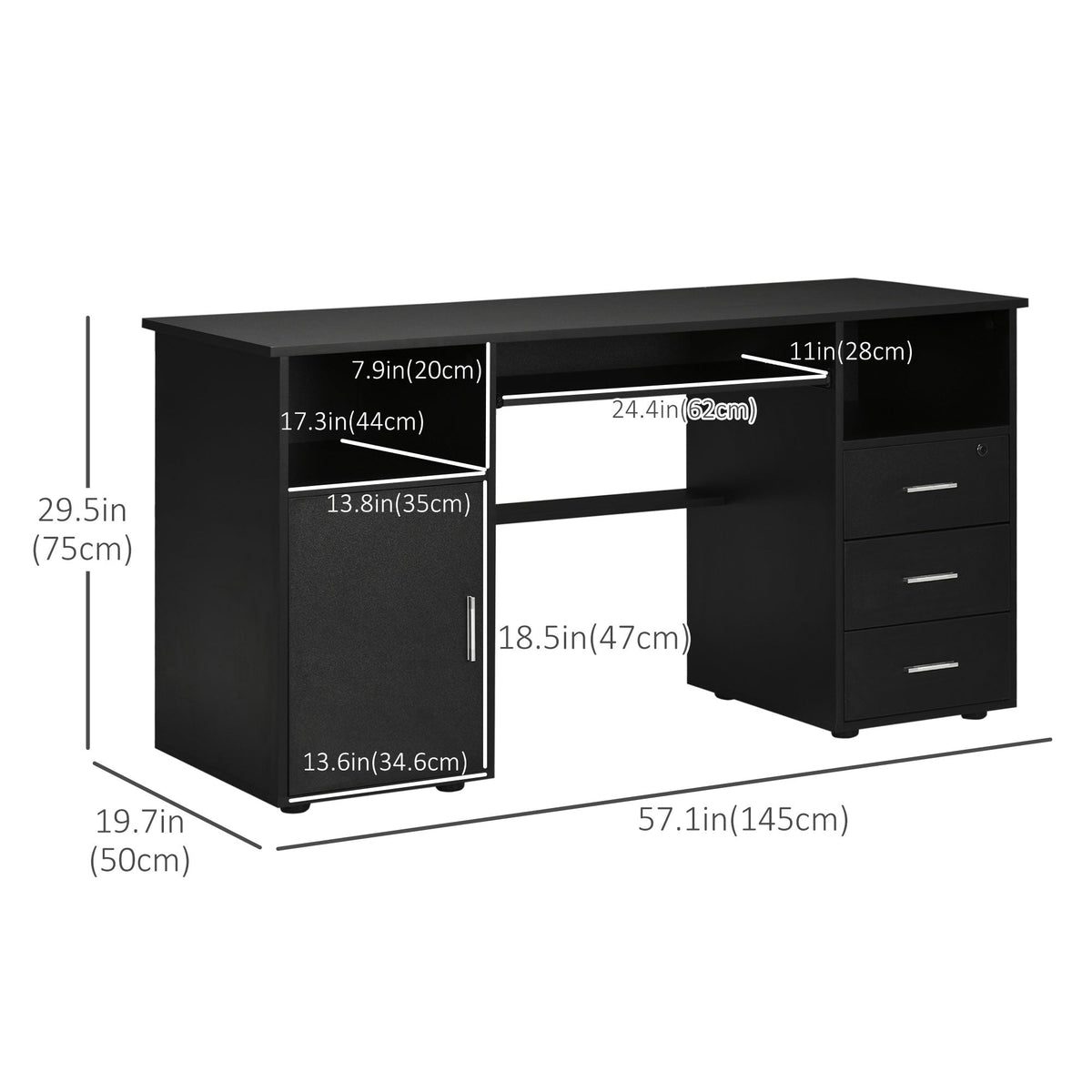 Bloom 57" Computer Desk with Keyboard Tray and Storage Drawers-Black