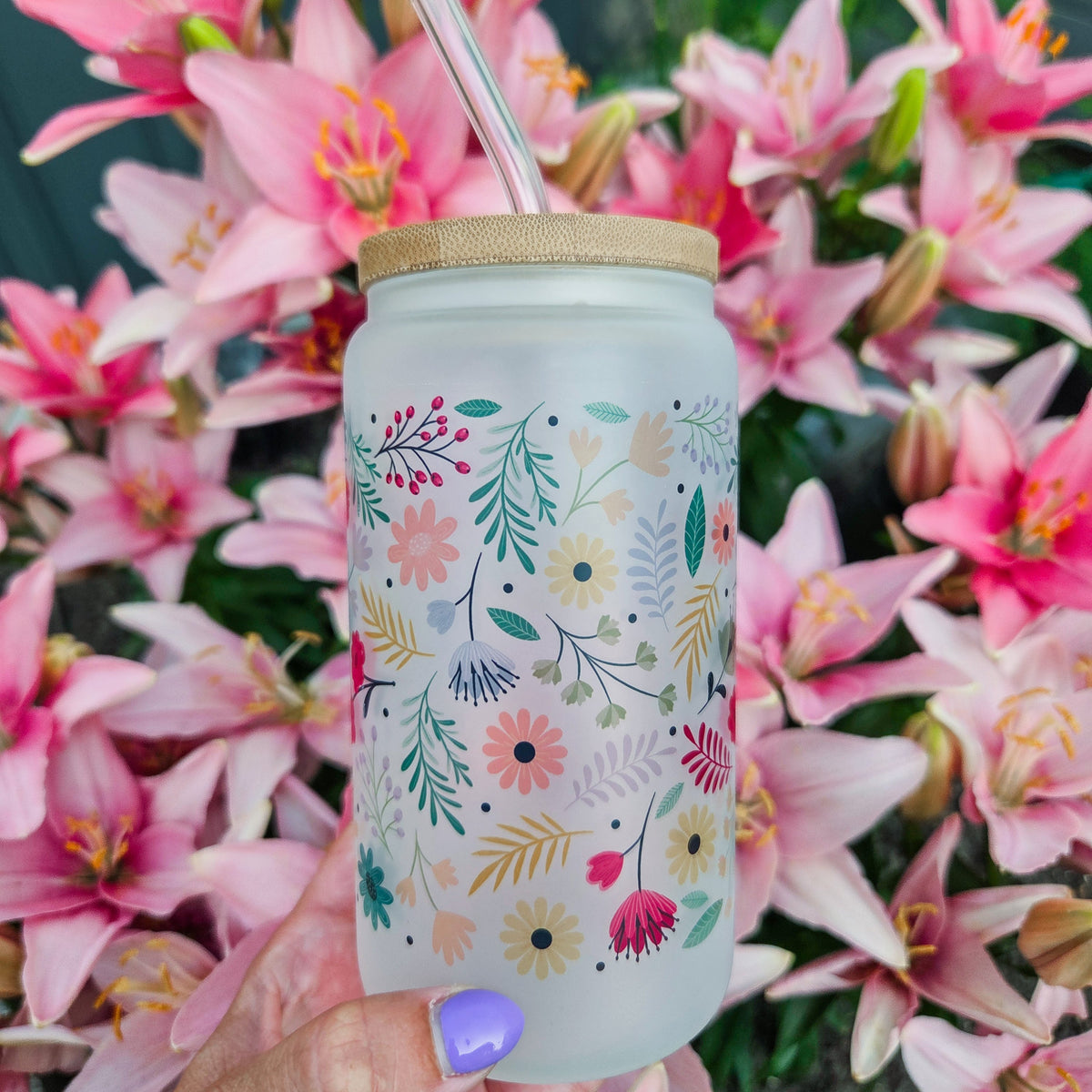 Spring Vibes Flower Frosted Can with Bamboo Lid