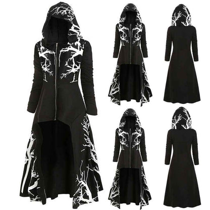 Gothic Halloween Cape Jacket for Women – Printed Long Sleeve Zip-Up Costume Coat